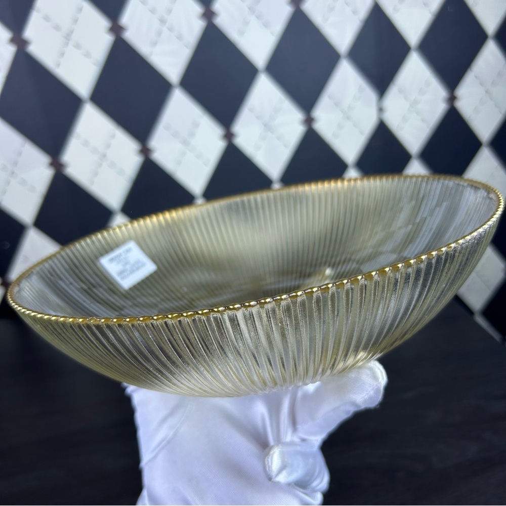 Amber Luster Ribbed Glass Bowl & Plate Set with Gold Rim Contemporary Tablescape - Picture 9 of 13